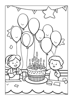 Child Birthday With Beautiful Cake And Balloons Coloring Pdf, Free Vectors File